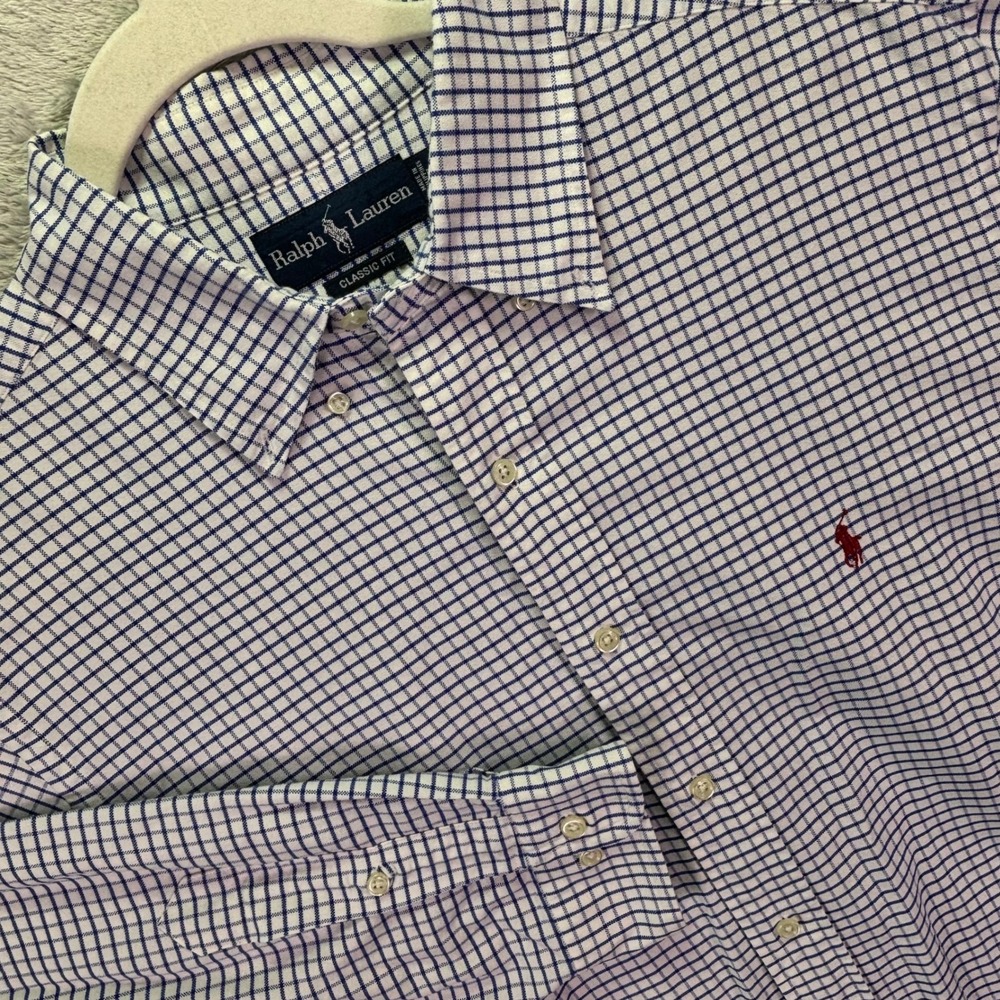 Ralph Lauren Mens Button Down 17 32/33 Blue White Graph Check Classic Fit Polo